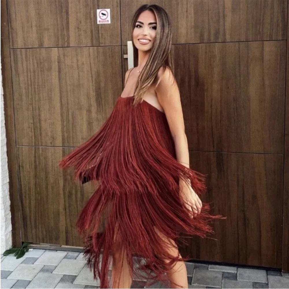 ZARA Brown Midi Fringe Dress NWT MEDIUM - Picture 2 of 11